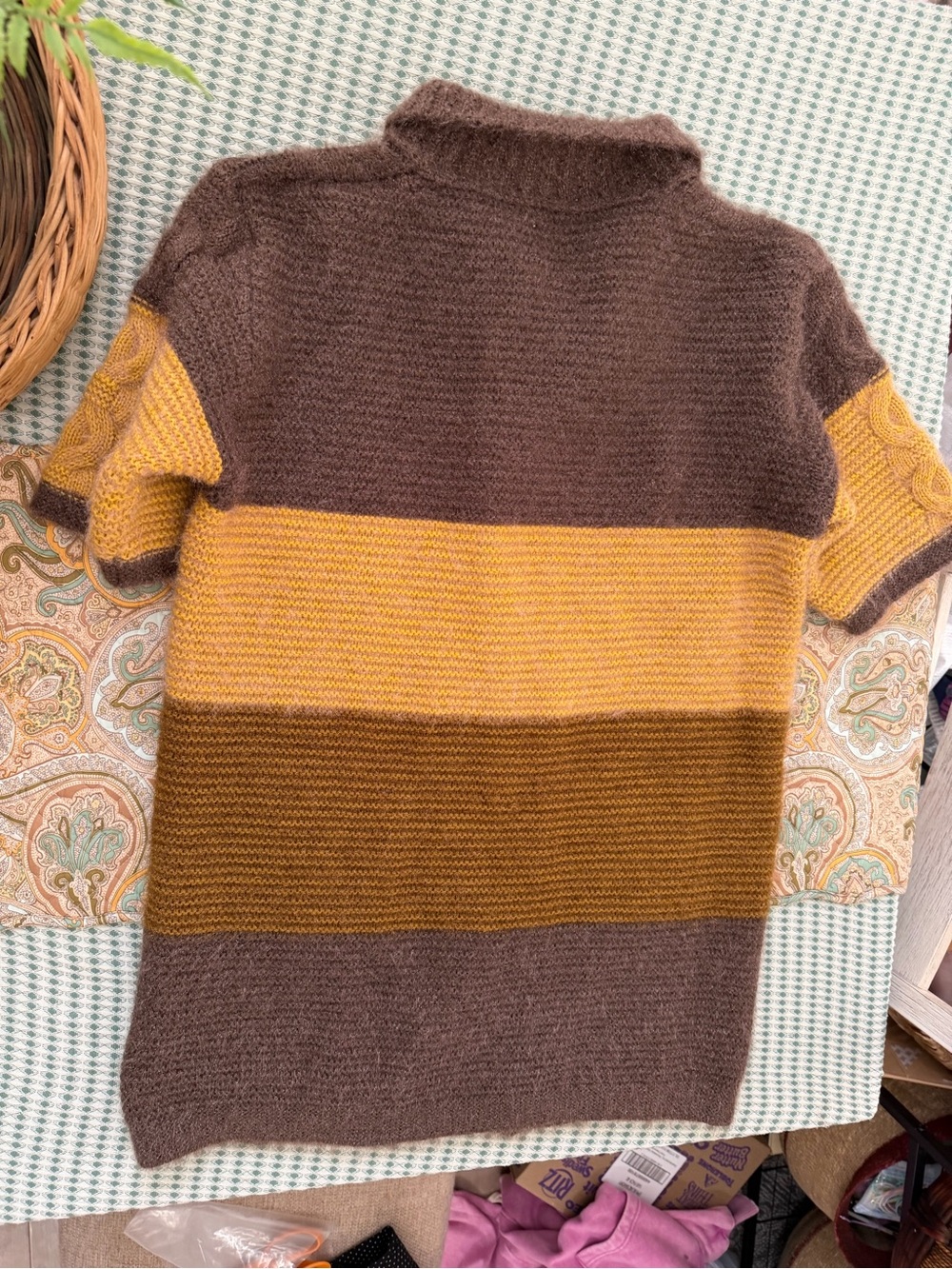 VTG Colorblock Cable Knit Short Sleeve Cardigan Brown Mustard Cottagecore Large - Picture 7 of 16
